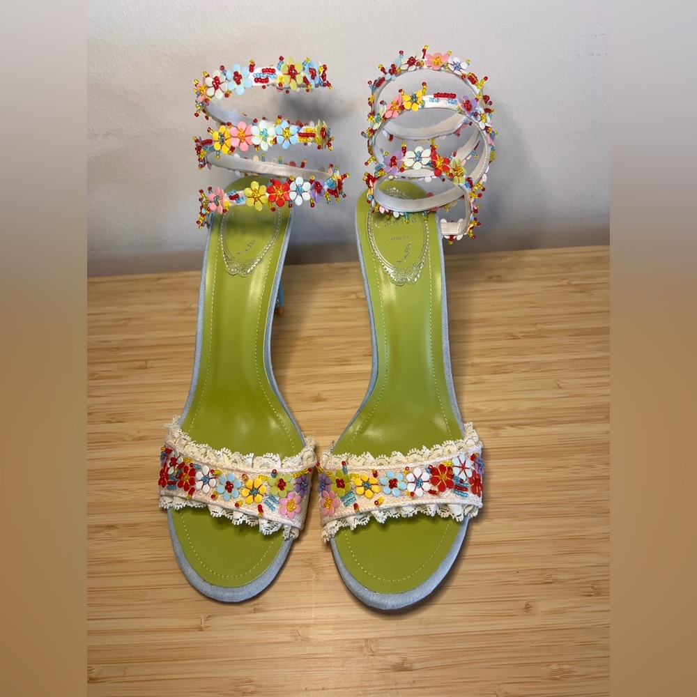 Floral Embellished Lace Strap High Heels - Green - Picture 3 of 6